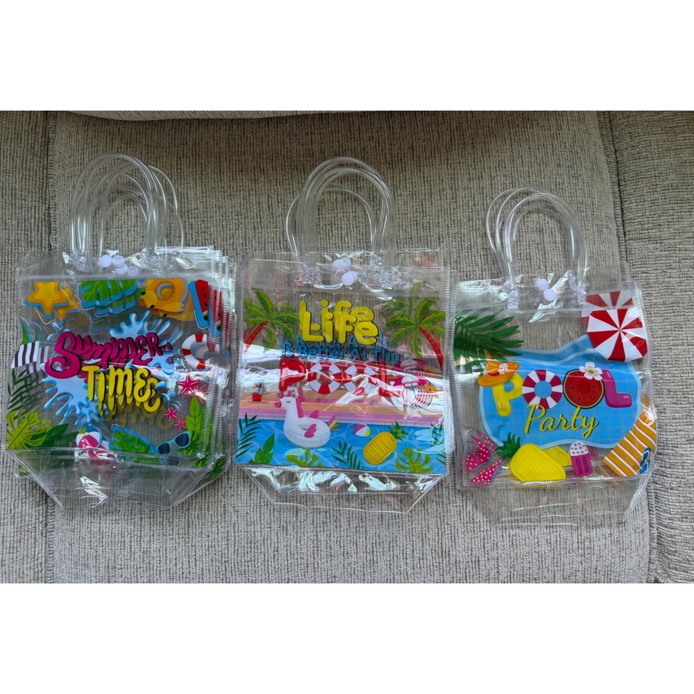 Summer Pool Party Clear PVC Favor Bags Lot of 10 Tropical Beach Theme Reusable
